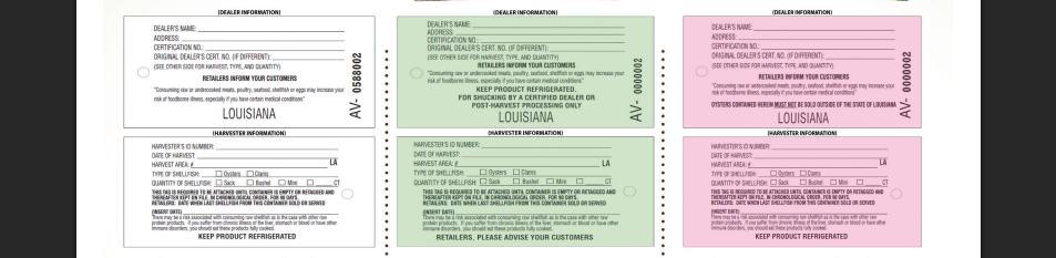 oyster tag samples white, green and pink