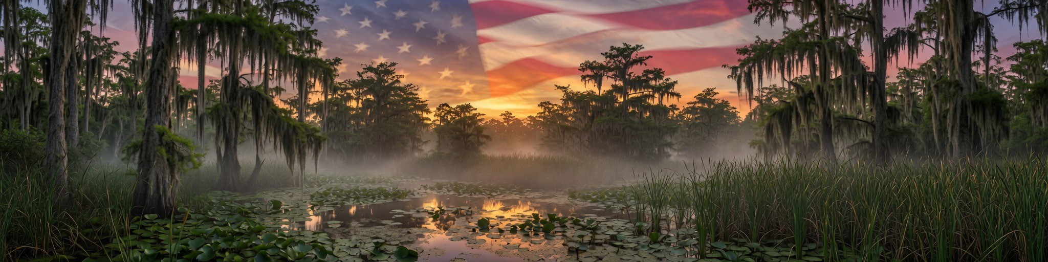 Louisiana swamp at sunrise with Flag
