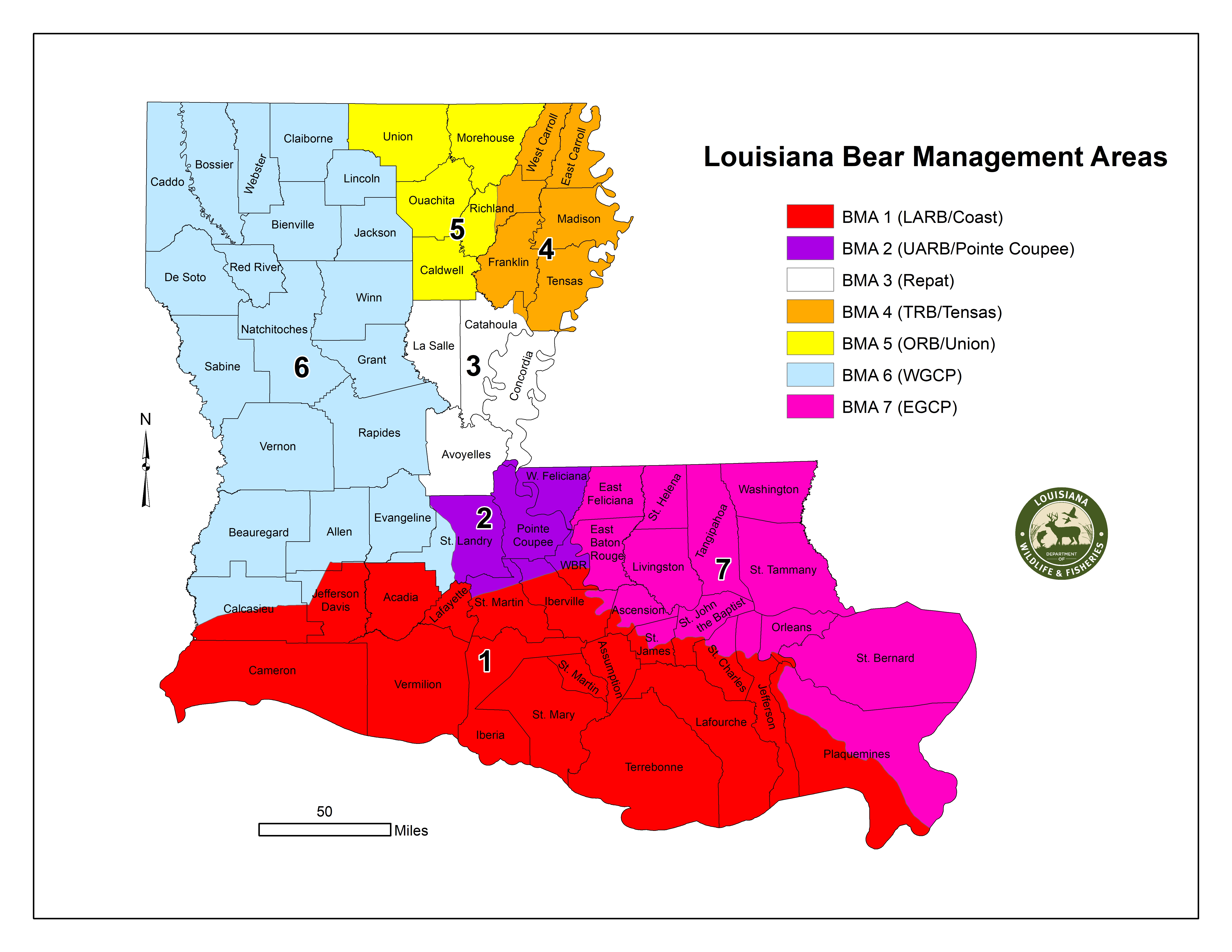 Map of the seven Louisiana bear areas