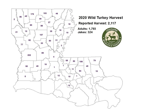 2020 turkey harvest by parish map