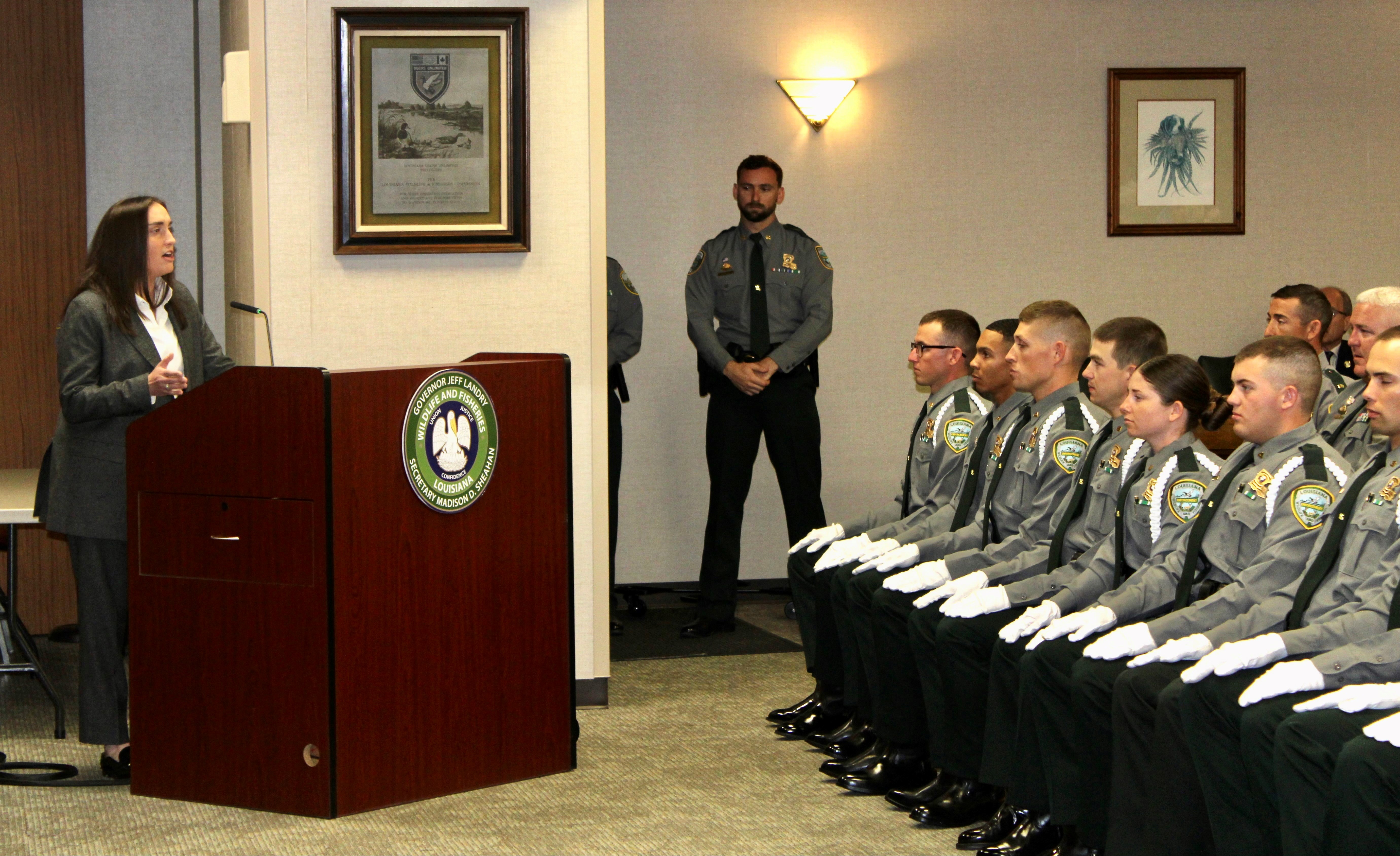 Secretary Madison Sheahan delivering the keynote speech at today's graduation ceremony.