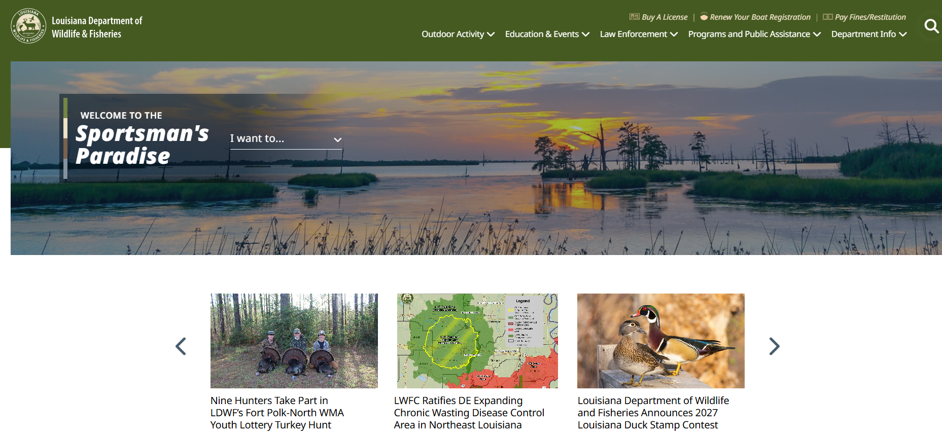 Image of the homepage of the new LDWF website
