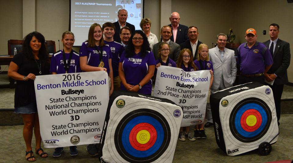 Benton Middle and Elementary archers were honored by the LWFC and LDWF Secretary Charlie Meelancon