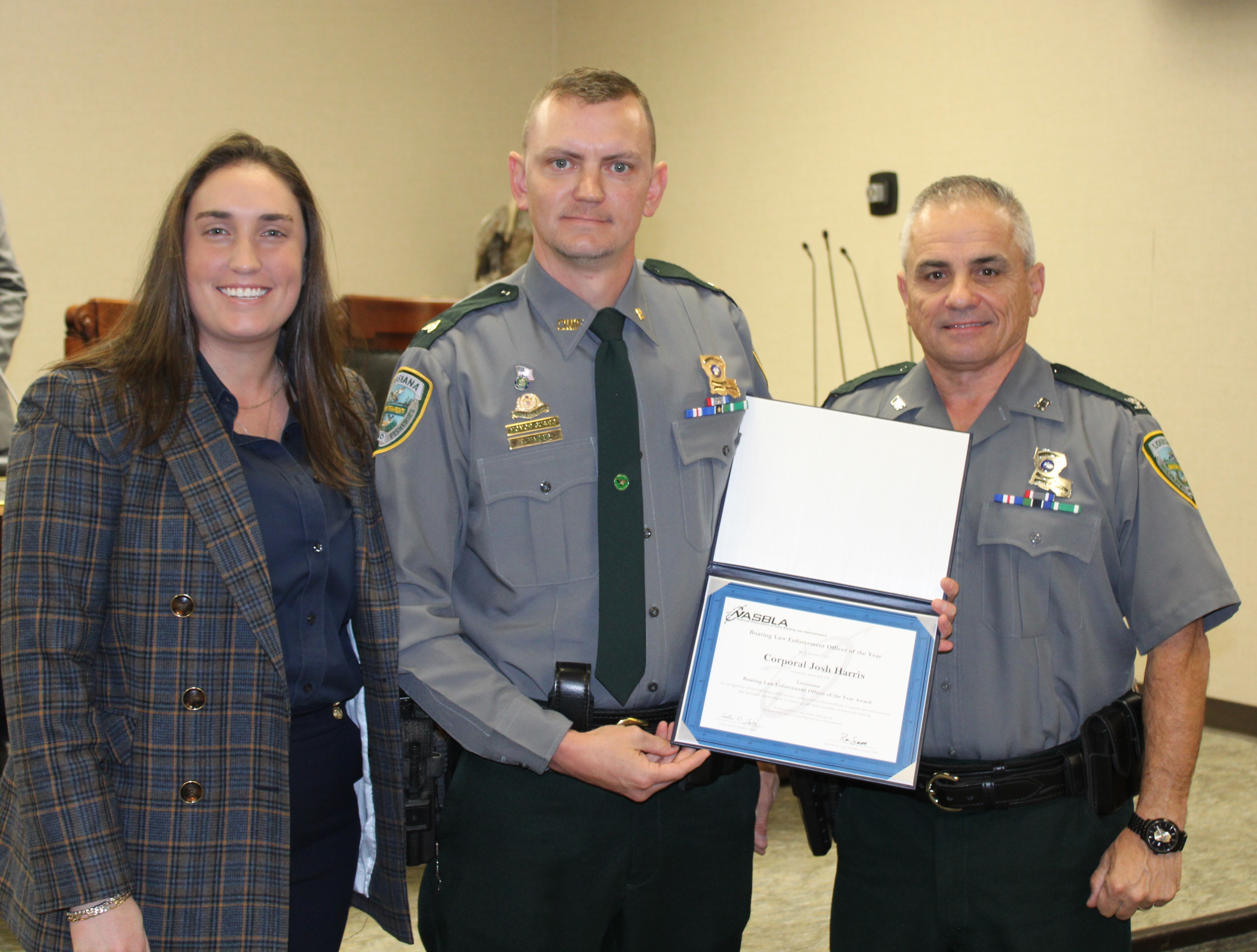 LDWF Secretary Madison Sheahan, Sgt. Joshua Harris and Col. Stephen Clark