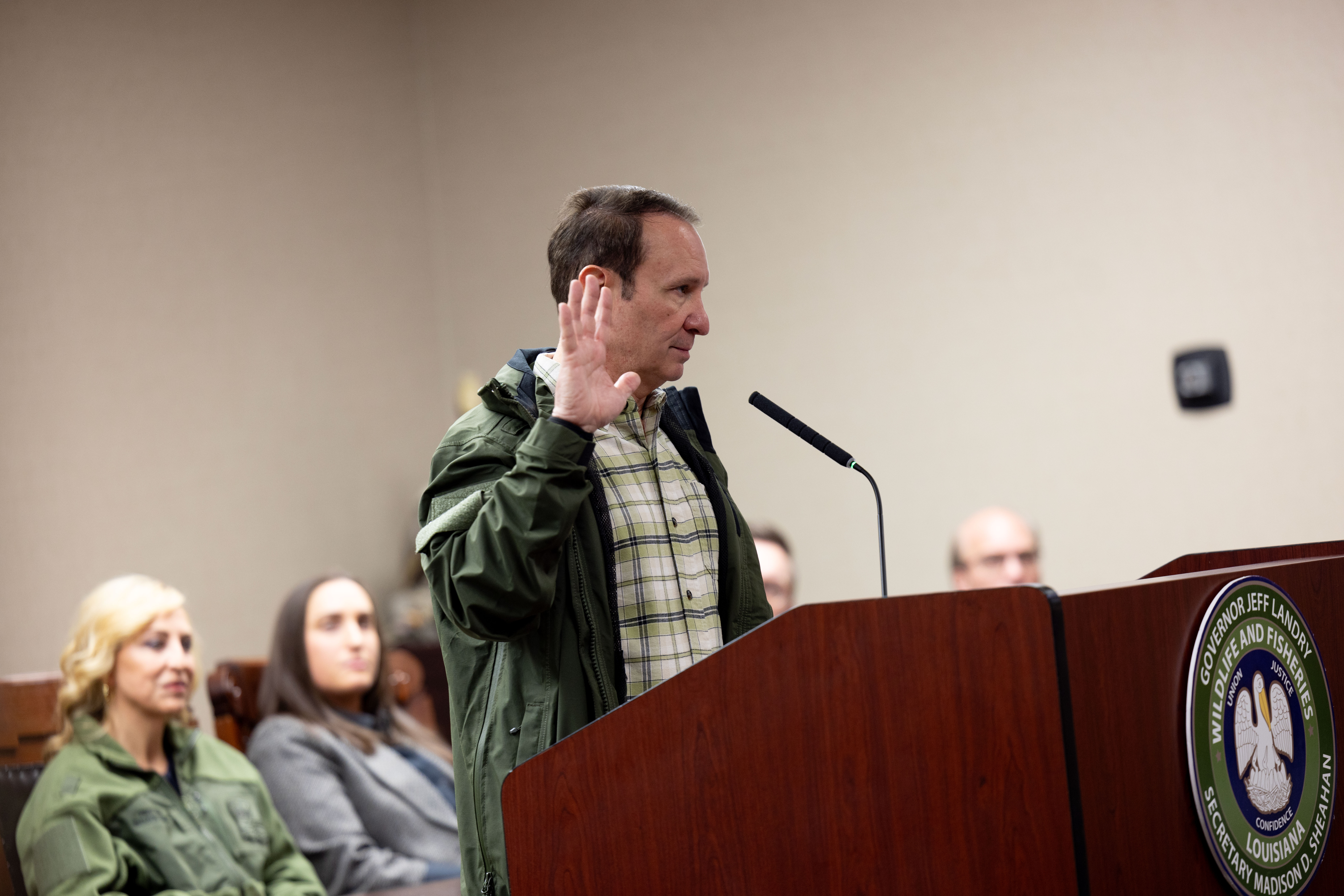Gov. Landry addressing LDWF Enforcement Division agents.