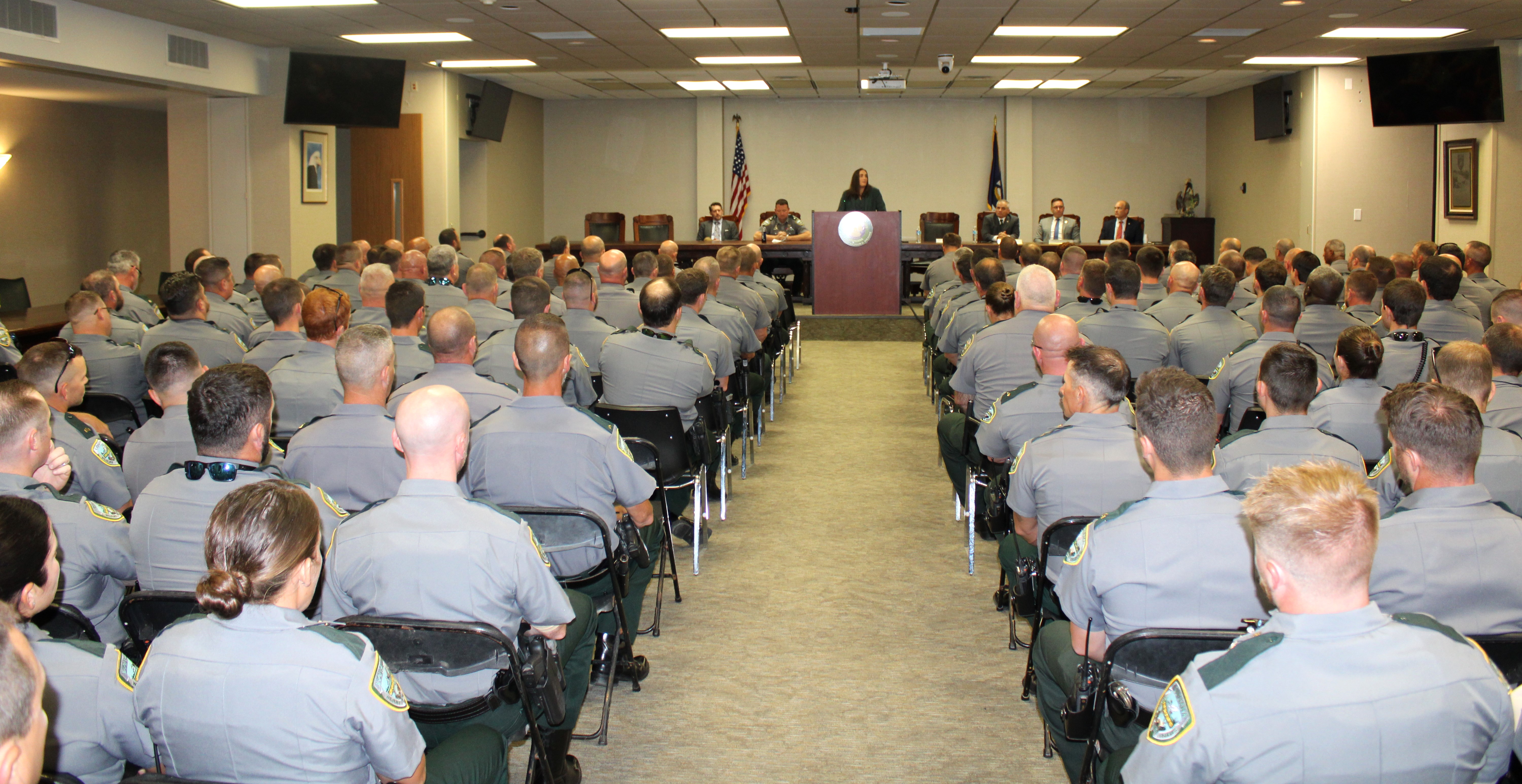 LDWF Secretary Madison Sheahan announces Superintendant Stephen Clark to the LDWF Enforcement Division agents.