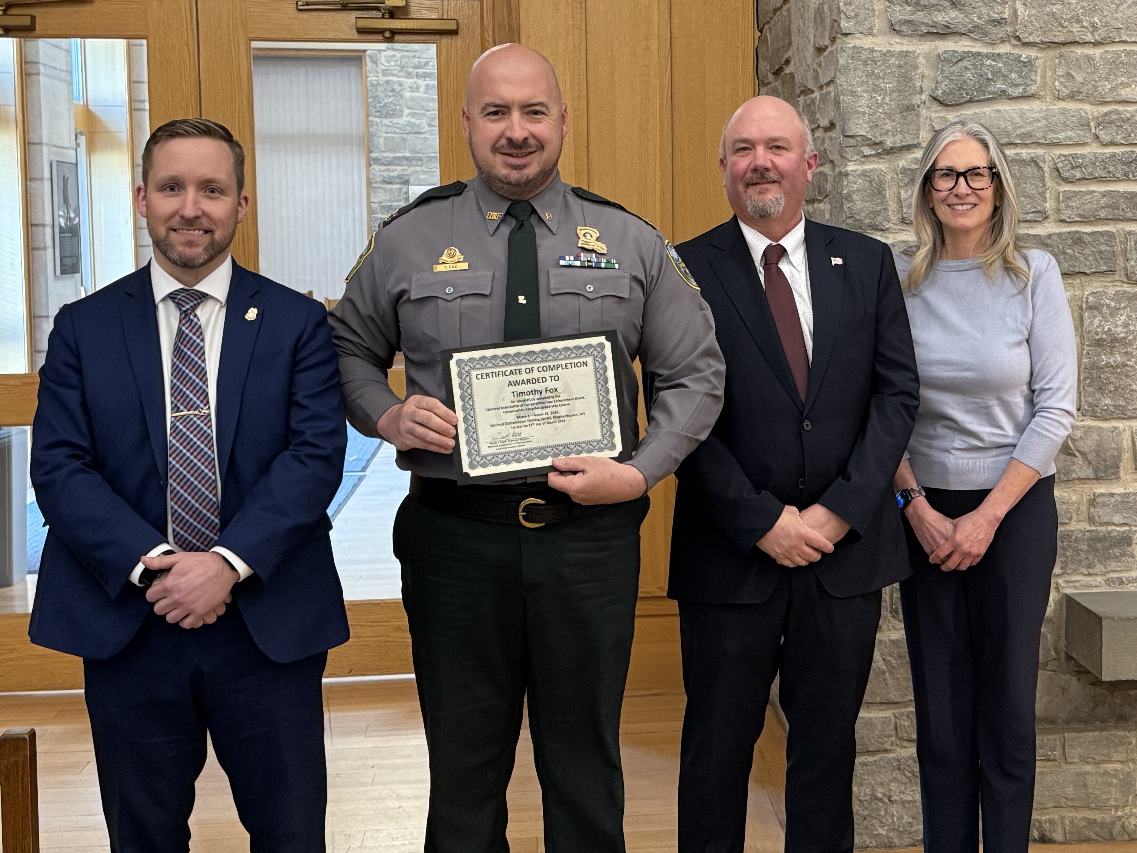From left to right: USFWS Office of Law Enforcement Chief Doug Ault, LDWF Capt. Tim Fox, USFWS Director Brian Nesvik, and National Association of Conservation Law Enforcement Chiefs Class Director Heather Disney Dugan (retired Deputy Director of Colorado Parks and Wildlife).