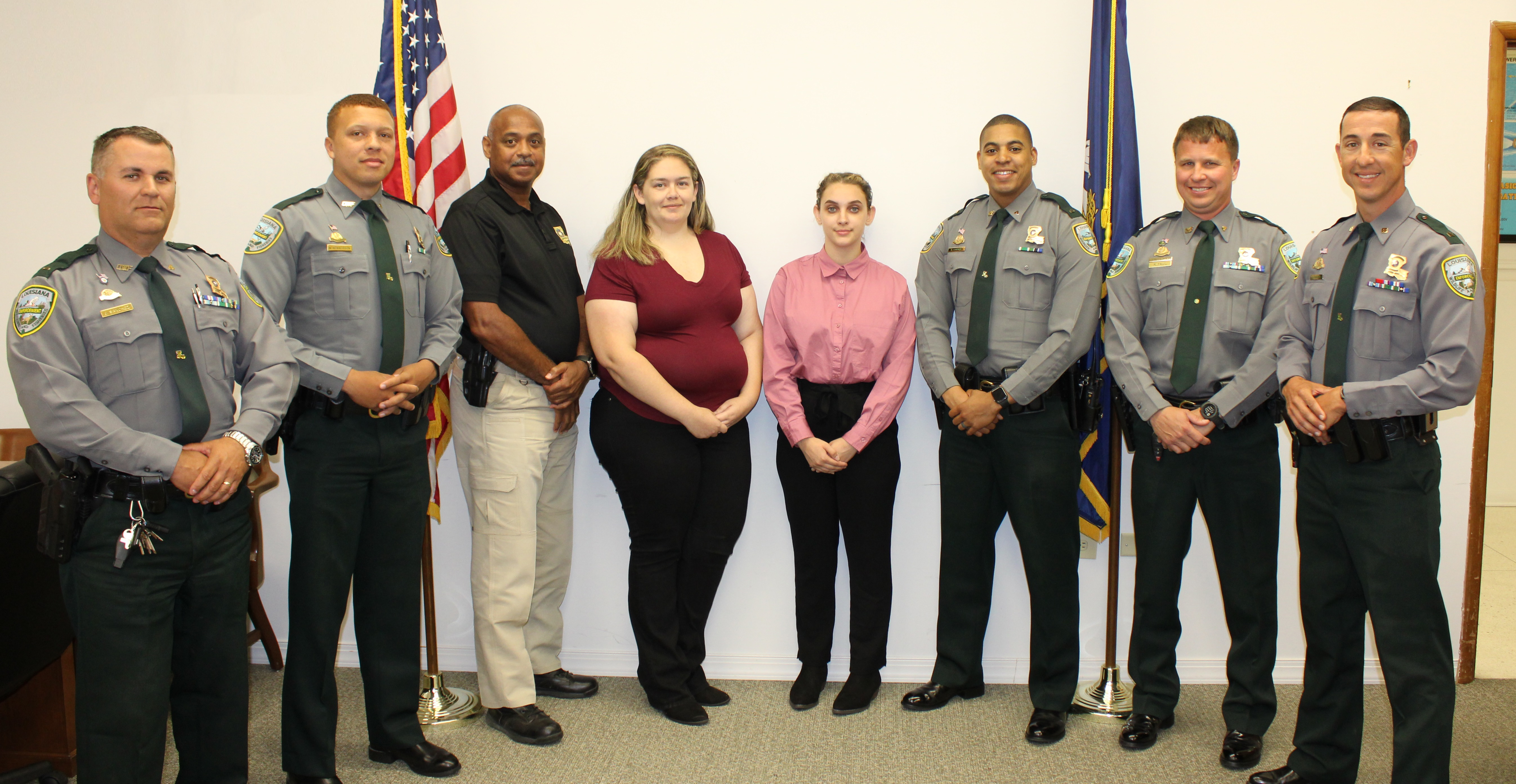 From left to right: Corporal Jason Sanchez, Senior Agent Nelson Kennerson, Lt. Stan House, Erica Bonvillain (Nicholls State), Brittany Stroh (SLCC), Corporal Anthony Corner, Sgt. Ryan Faul and Sgt. Jake Darden.