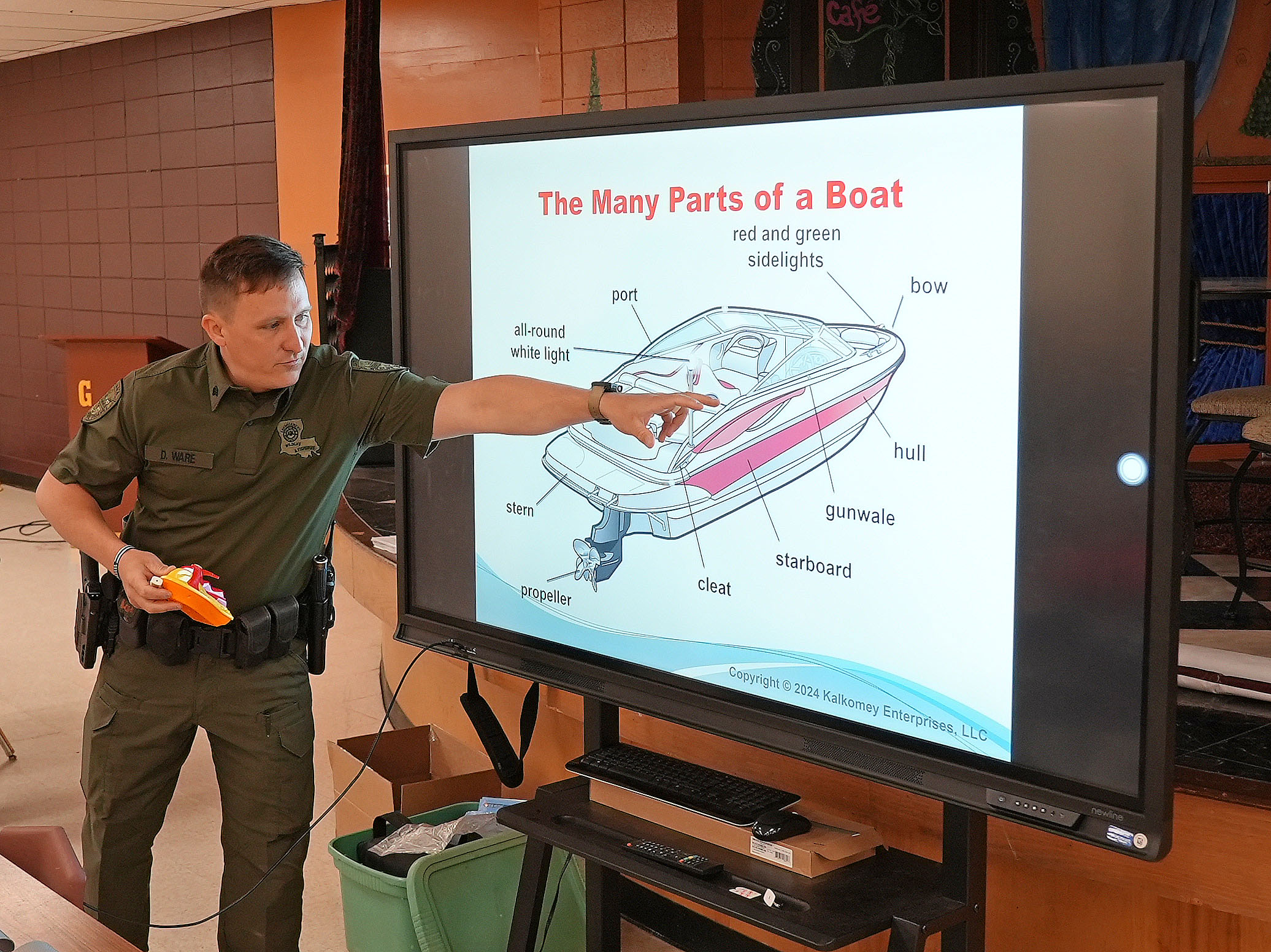 Sgt. Derek Ware explains the different parts of a boat to his Boating Education Lagniappe Day Class in Grant Parish.