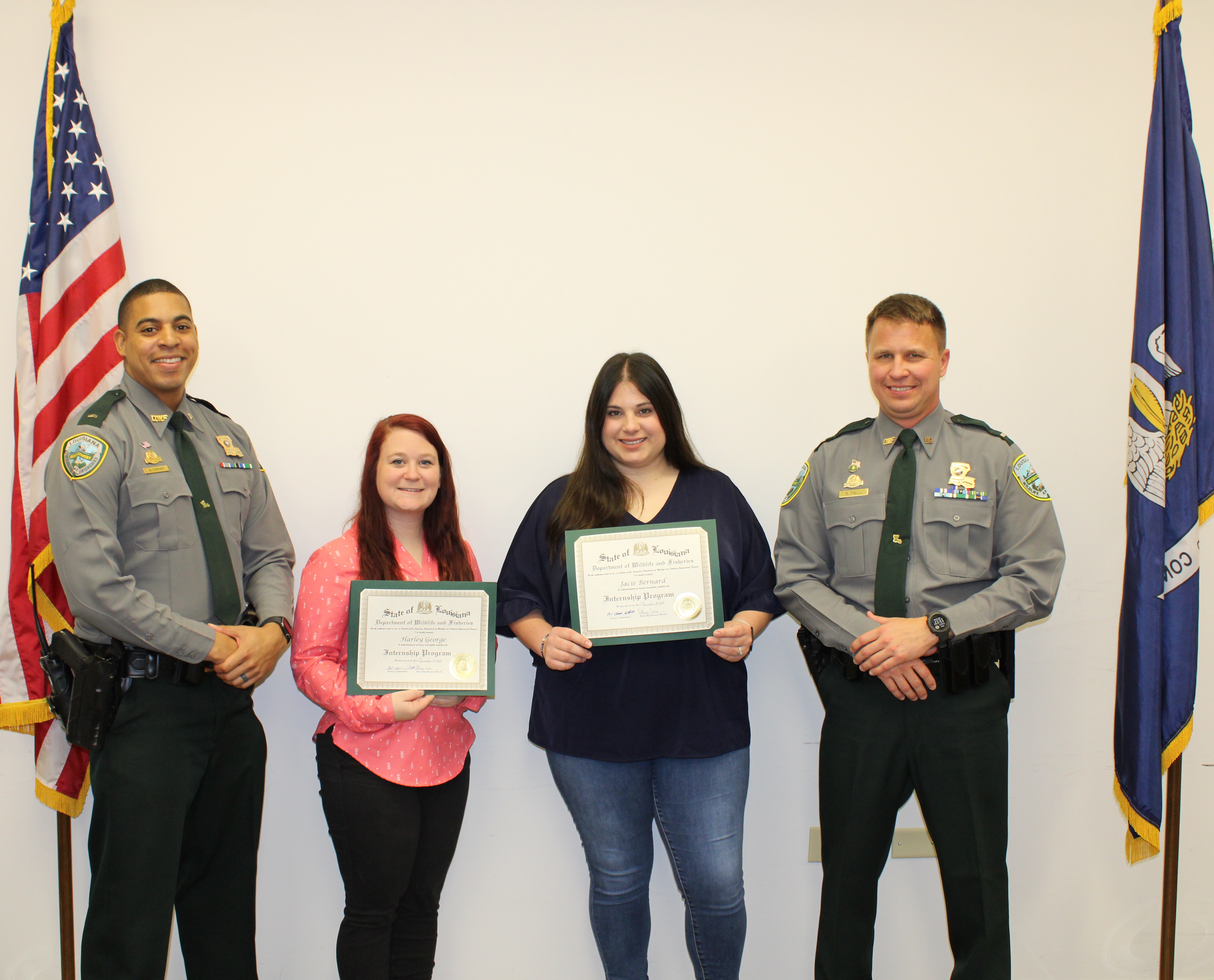 From left to right: Corporal Anthony Corner (LDWF Enforcement Division Recruiting Coordinator), Harley George (Nicholls State University), Jacie Bernard (LSU Eunice), and Lt. Ryan Faul (LDWF Enforcement Division Recruiting Coordinator).